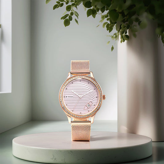 Titan Wander Light Brown Dial Analog Stainless Steel Strap Watch for Women 2634WM04