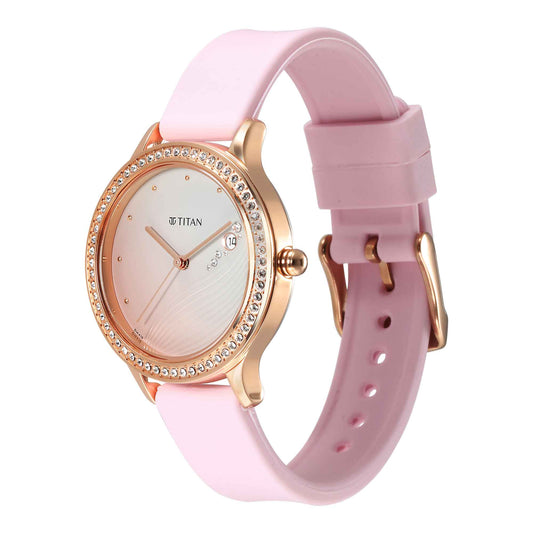 Titan Purple Glam It Up Pink Dial Analog with Date Silicone Strap Watch for Women