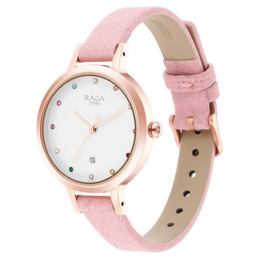 Titan Raga Viva Quartz Analog with Date White Dial Leather Strap Watch for Women 2666WL01
