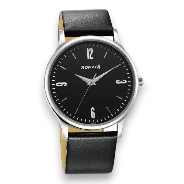 Titan Watches Sonata Act Watch Sonata Aspire Quartz Analog Black Dial Leather Strap Watch For Men