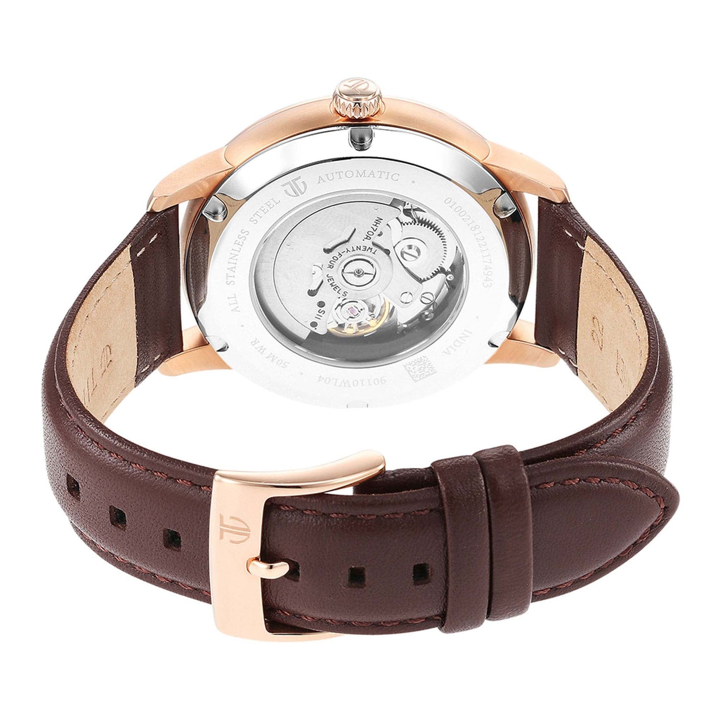 Rear caseback of Titan automatic watch for men showing mechanical movement with brown leather strap.