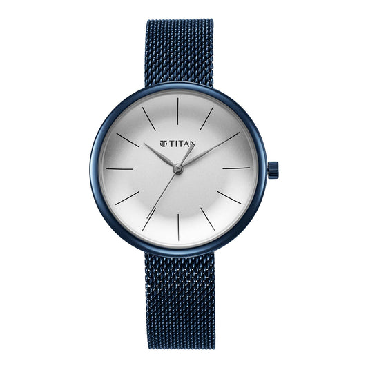 Titan Slimline Quartz Analog White Dial Blue Stainless Steel Strap Watch for Women