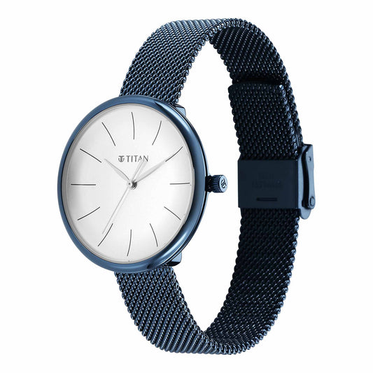 Titan Slimline Quartz Analog White Dial Blue Stainless Steel Strap Watch for Women