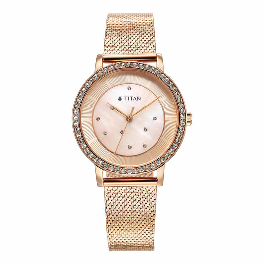 Titan Purple Style Up Quartz Analog Pink Dial Stainless Steel Strap Watch for Women