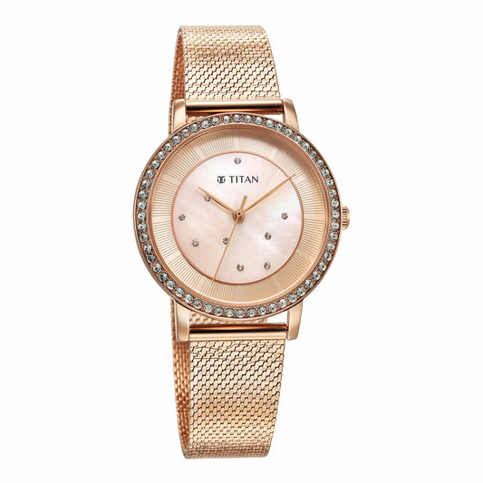 Titan Purple Style Up Quartz Analog Pink Dial Stainless Steel Strap Watch for Women