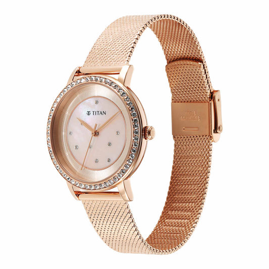 Titan Purple Style Up Quartz Analog Pink Dial Stainless Steel Strap Watch for Women