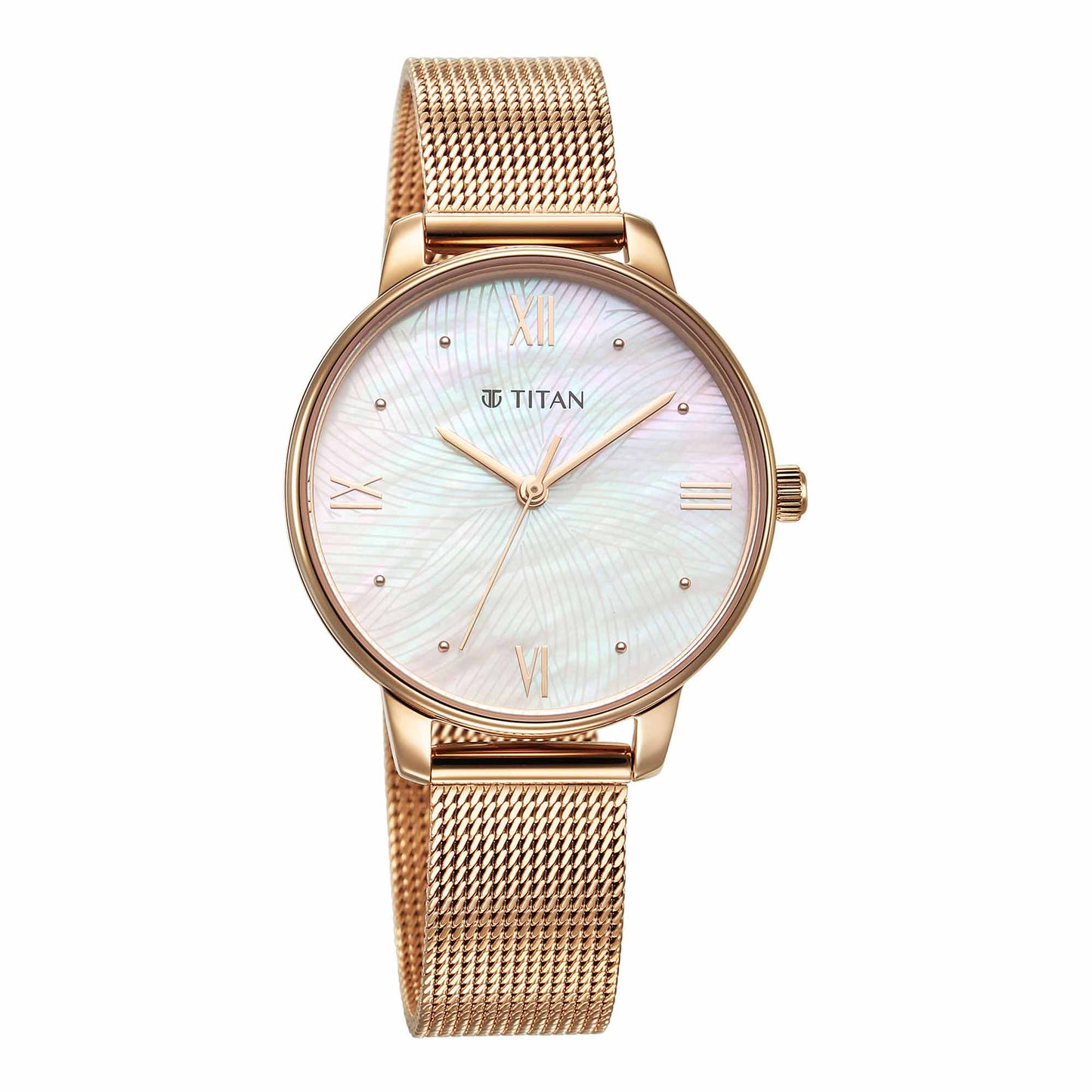 Titan Purple Style Up Quartz Analog Mother Of Pearl Dial Stainless Steel Strap Watch for Women