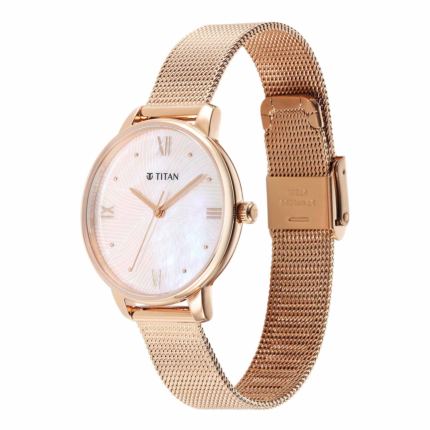 Titan Purple Style Up Quartz Analog Mother Of Pearl Dial Stainless Steel Strap Watch for Women