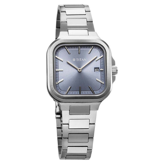 Titan Slim Square Quartz Alog with Date Blue Dial With Silver Color Stainless Steel Strap Watch For Women