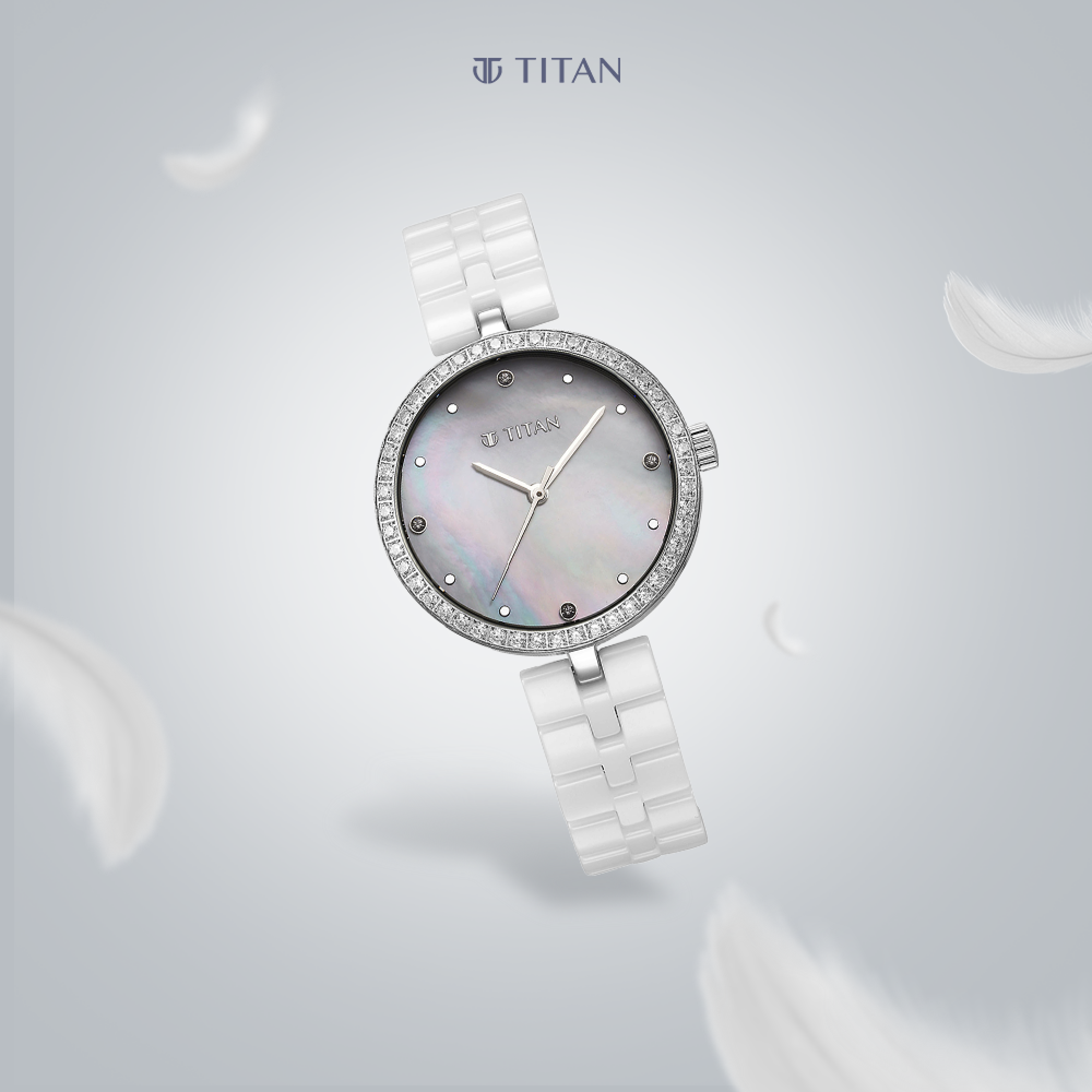 Titan Purple Ceramics Quartz Analogue Mother of Pearl Dial White Ceramic Strap Watch For Women