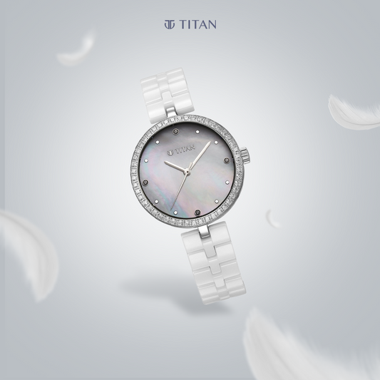 Titan Purple Ceramics Quartz Analogue Mother of Pearl Dial White Ceramic Strap Watch For Women
