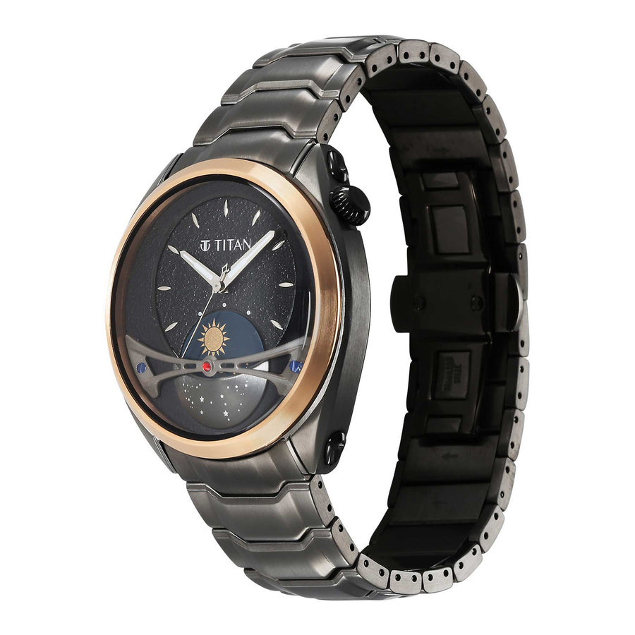 Titan Stellar Quartz Multifunction Black Dial Stainless Steel Strap Watch for Men