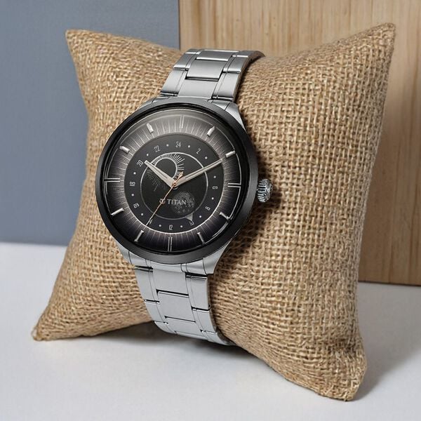 Titan Stellar Luna Sun Moon Disc Grey Dial Watch 10028KM02