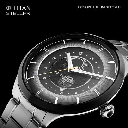 Titan Stellar Luna Sun Moon Disc Grey Dial Watch 10028KM02