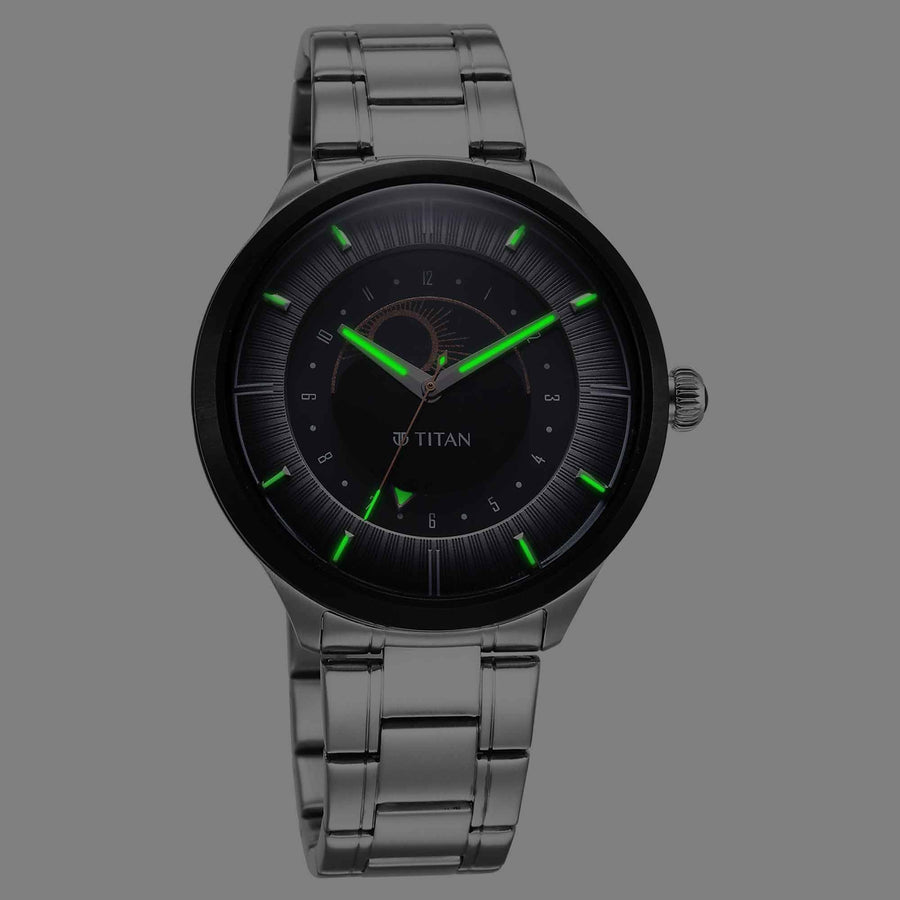 Titan Stellar Luna Sun Moon Disc Grey Dial Watch 10028KM02