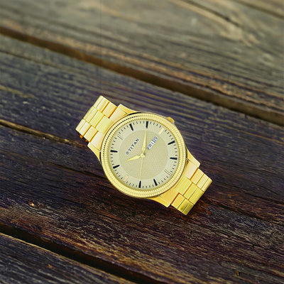 Titan Quartz Analog with Day and Date Golden Dial Stainless Steel Strap Watch for Men