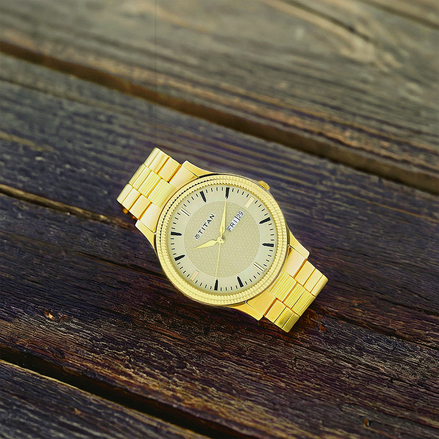 Titan Quartz Analog with Day and Date Golden Dial Stainless Steel Strap Watch for Men