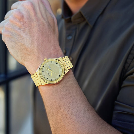 Titan Quartz Analog with Day and Date Golden Dial Stainless Steel Strap Watch for Men