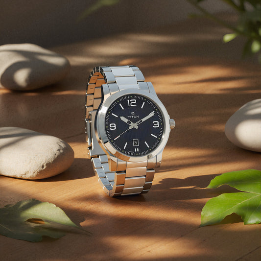 Titan Men's Urban Refinement: Sleek Blue Dial with Silver Stainless Steel Strap Watch