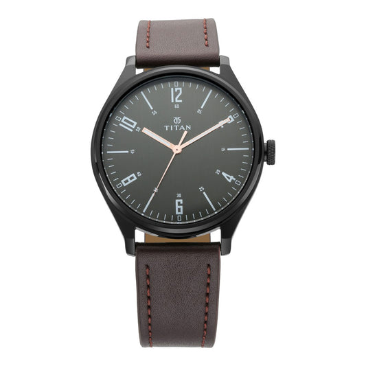 Titan Men's Minimalist Zen Watch Black: Sleek Leather Strap with Contrast Hands