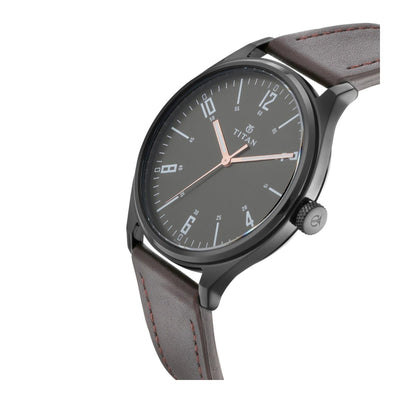 Titan Men's Minimalist Zen Watch Black: Sleek Leather Strap with Contrast Hands