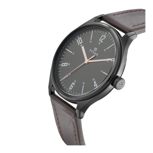 Titan Men's Minimalist Zen Watch Black: Sleek Leather Strap with Contrast Hands