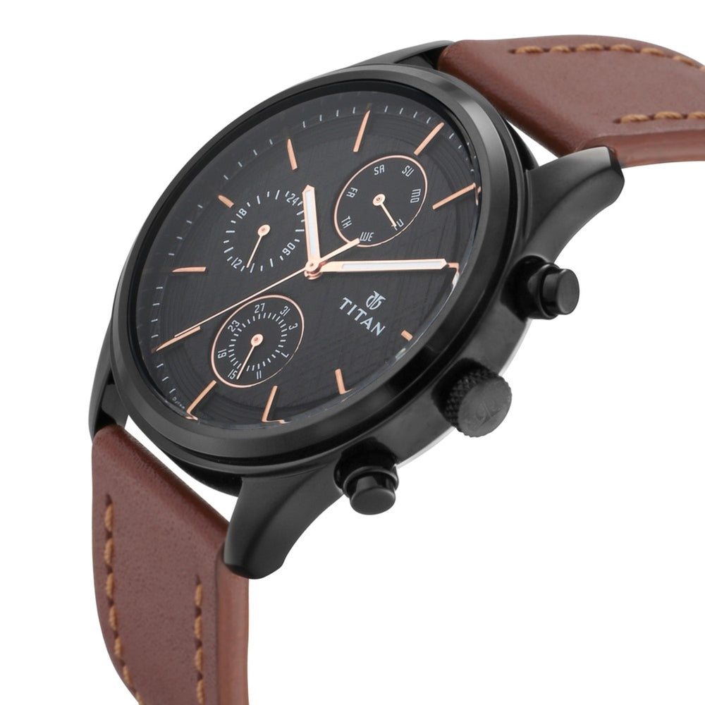 Workwear Watch with Black Dial & Brown Leather Strap