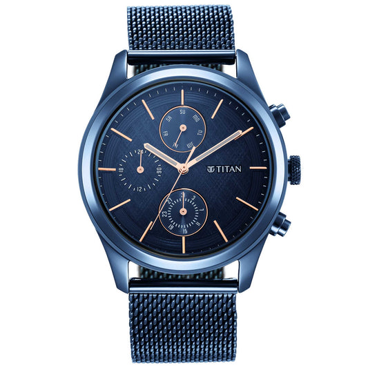 Titan Men's Sartorial Neo Splash: Blue Dial Multifunction Watch with Mesh Strap