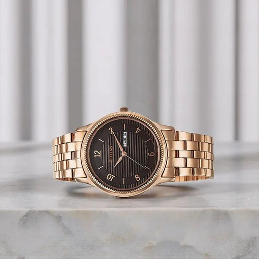 Titan Brown Dial Rose Gold Stainless Steel Strap Analog with Day and Date Watch for Men