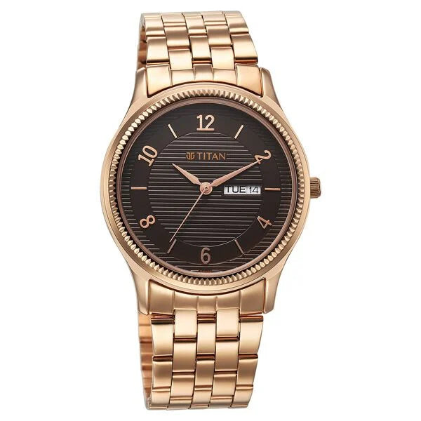 Titan Brown Dial Rose Gold Stainless Steel Strap Analog with Day and Date Watch for Men