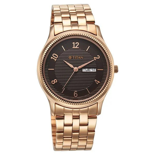 Titan Brown Dial Rose Gold Stainless Steel Strap Analog with Day and Date Watch for Men