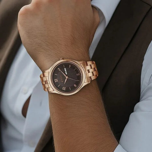 Titan Brown Dial Rose Gold Stainless Steel Strap Analog with Day and Date Watch for Men