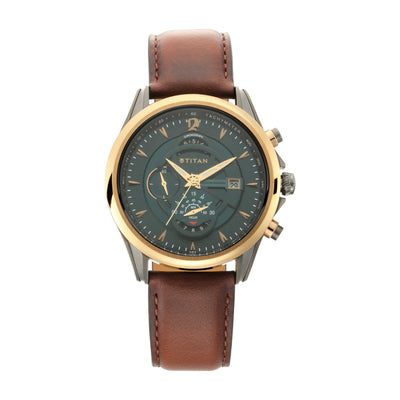 Stylish men's Titan Maritime watch with green chronograph dial, gold case, and brown leather strap.