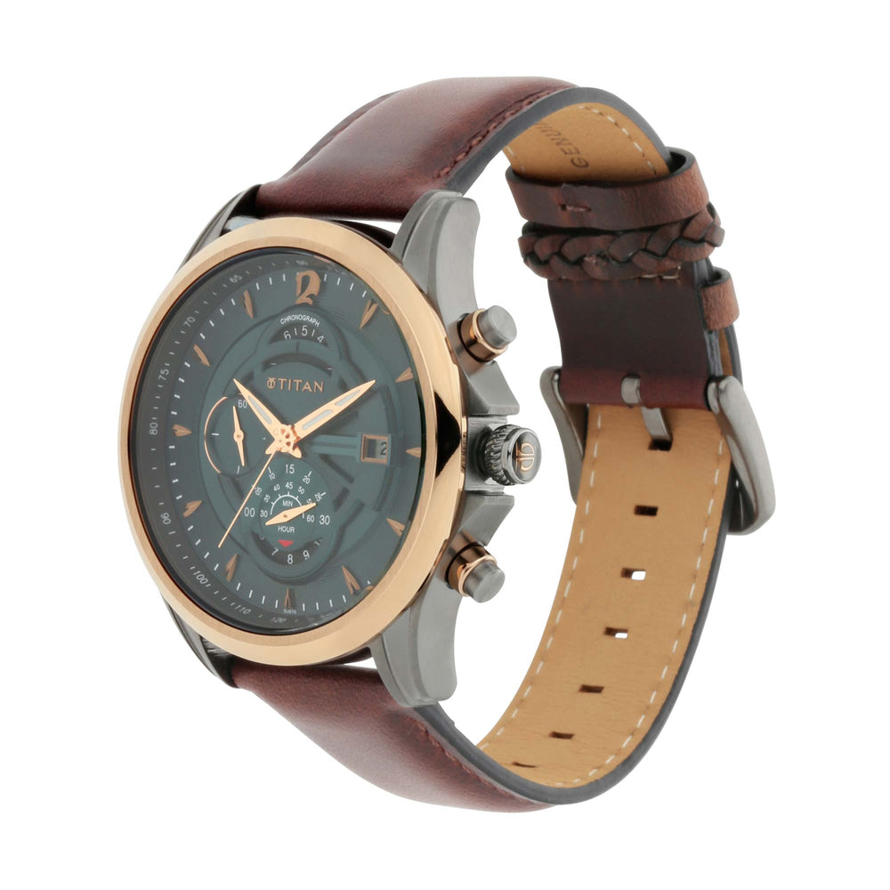 Angled view of Titan Maritime men’s chronograph watch with green dial, gold bezel, & leather strap.