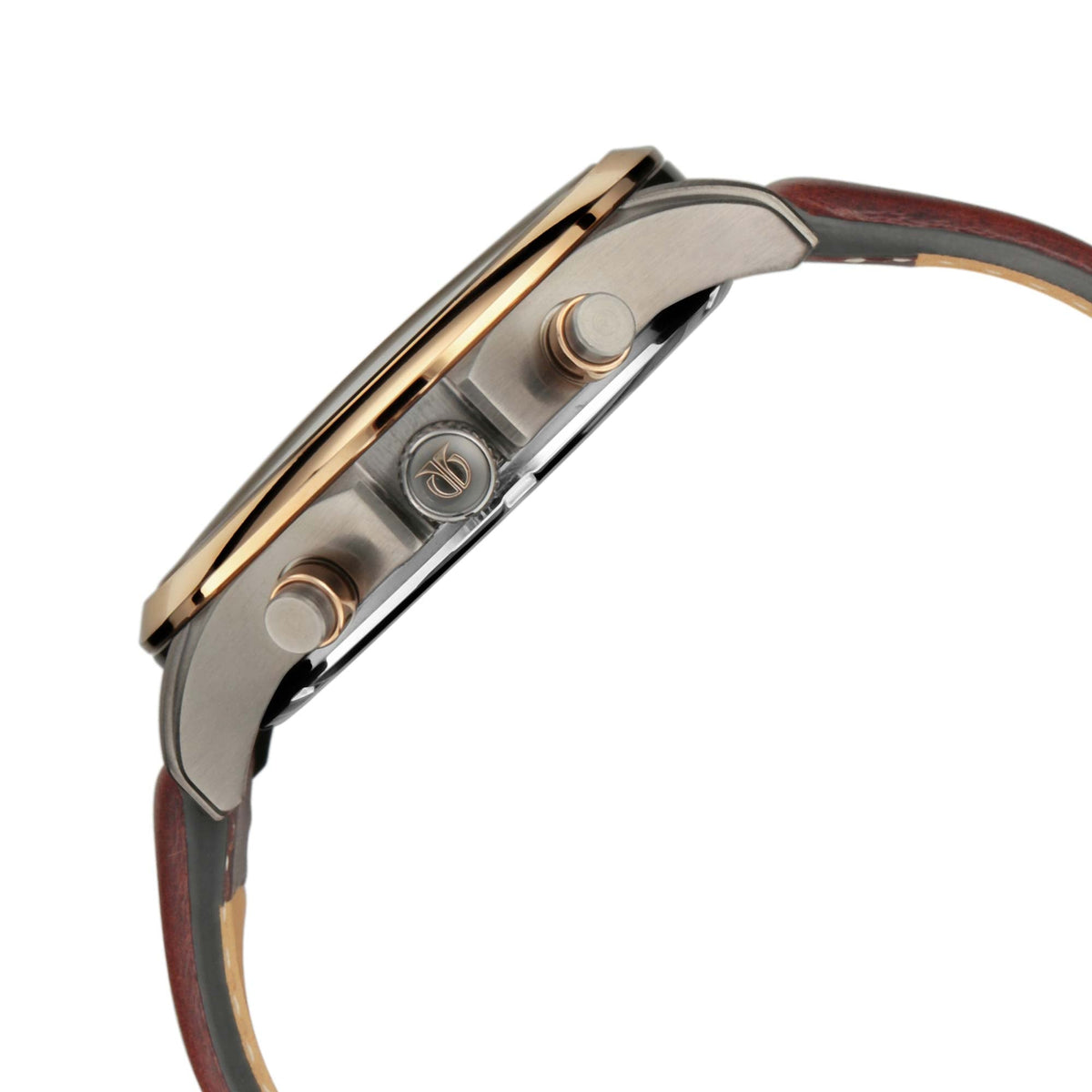 Side view of Titan Maritime chronograph watch for men showing gold bezel, pushers, & leather strap.