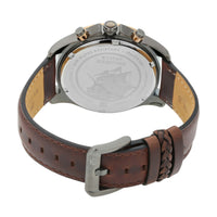 Backside view shows Titan Maritime watch with brown leather strap, engraved caseback, & buckle lock.
