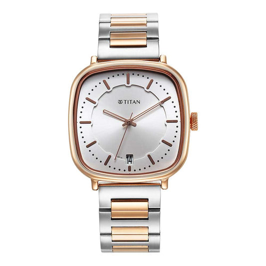 Titan Shaped Case Silver White Dial Metal Strap Watch