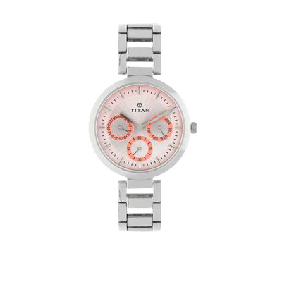 Titan Quartz Multifunction Pink Dial Stainless Steel Strap Watch for Women