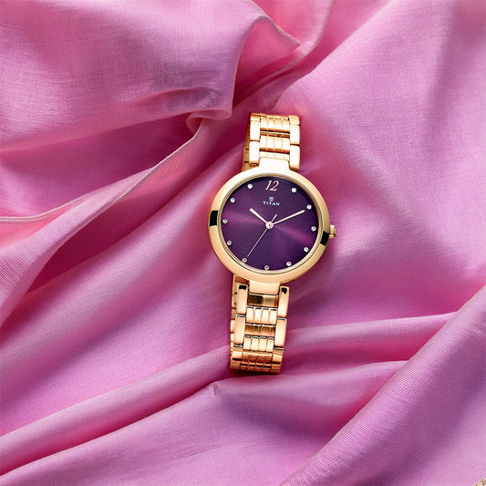 Titan Sparkle Purple Dial Analog Stainless Steel Strap Watch for Women