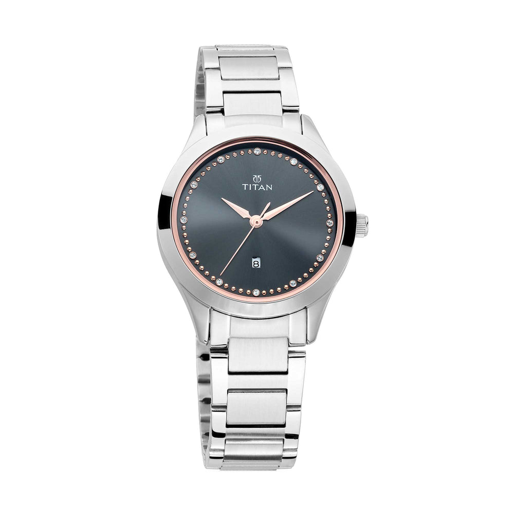 Titan Sparkle Anthracite Dial Analog with Date Stainless Steel Strap Watch for Women