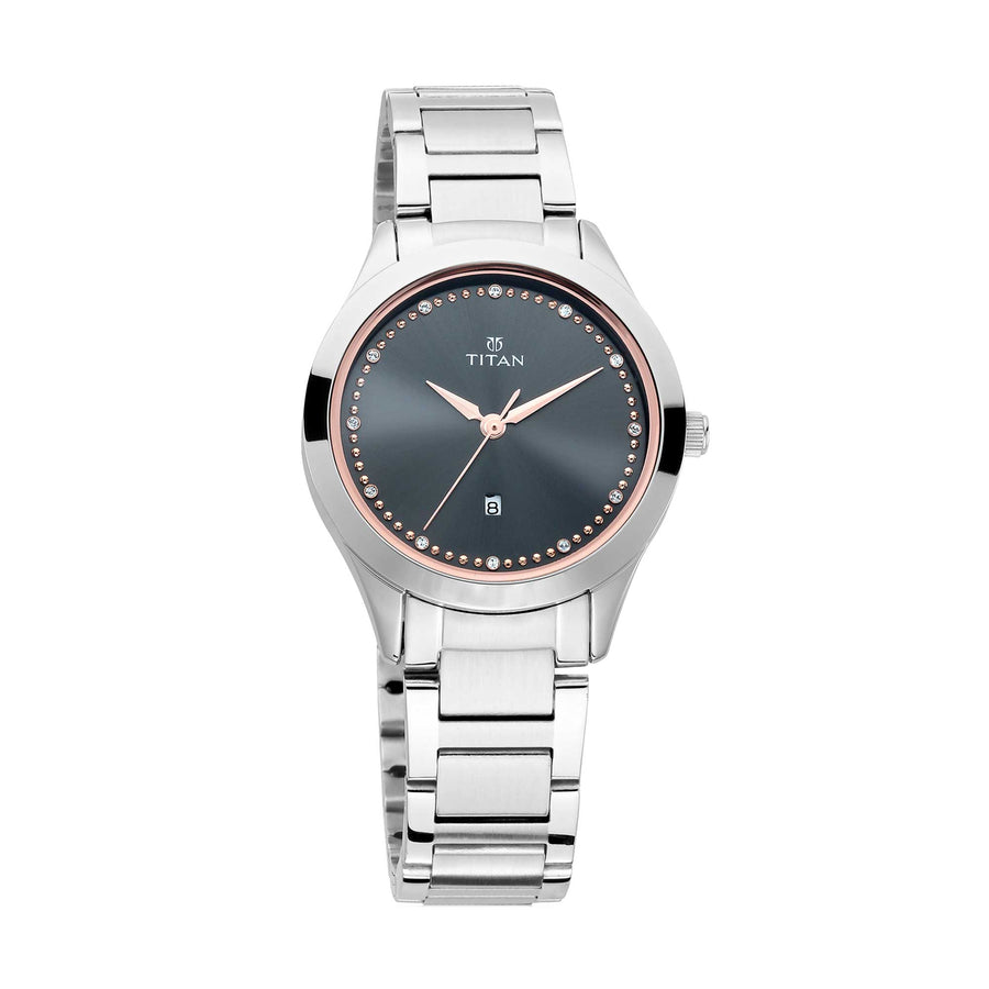 Titan Sparkle Anthracite Dial Analog with Date Stainless Steel Strap Watch for Women