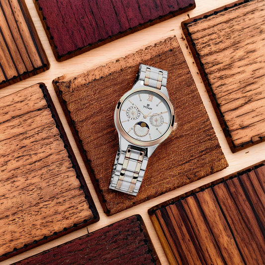 Titan Workwear White Moonphase Stainless Steel Strap watch for Women