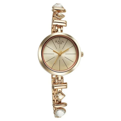 Titan Raga Viva Champagne Dial Gold Metal Strap Analog Watch for Women