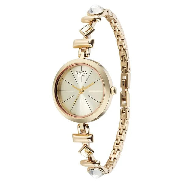 Titan Raga Viva Champagne Dial Gold Metal Strap Analog Watch for Women