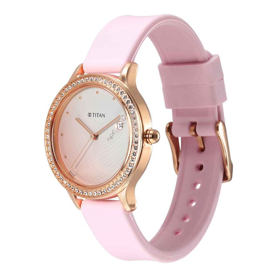 Titan Purple Glam It Up Pink Dial Analog with Date Silicone Strap Watch for Women