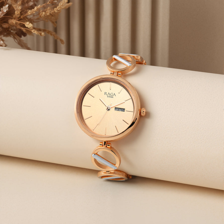 Titan Raga Viva Quartz Analog with Day and Date Rose Gold Dial Two Toned Metal Strap Watch For Women