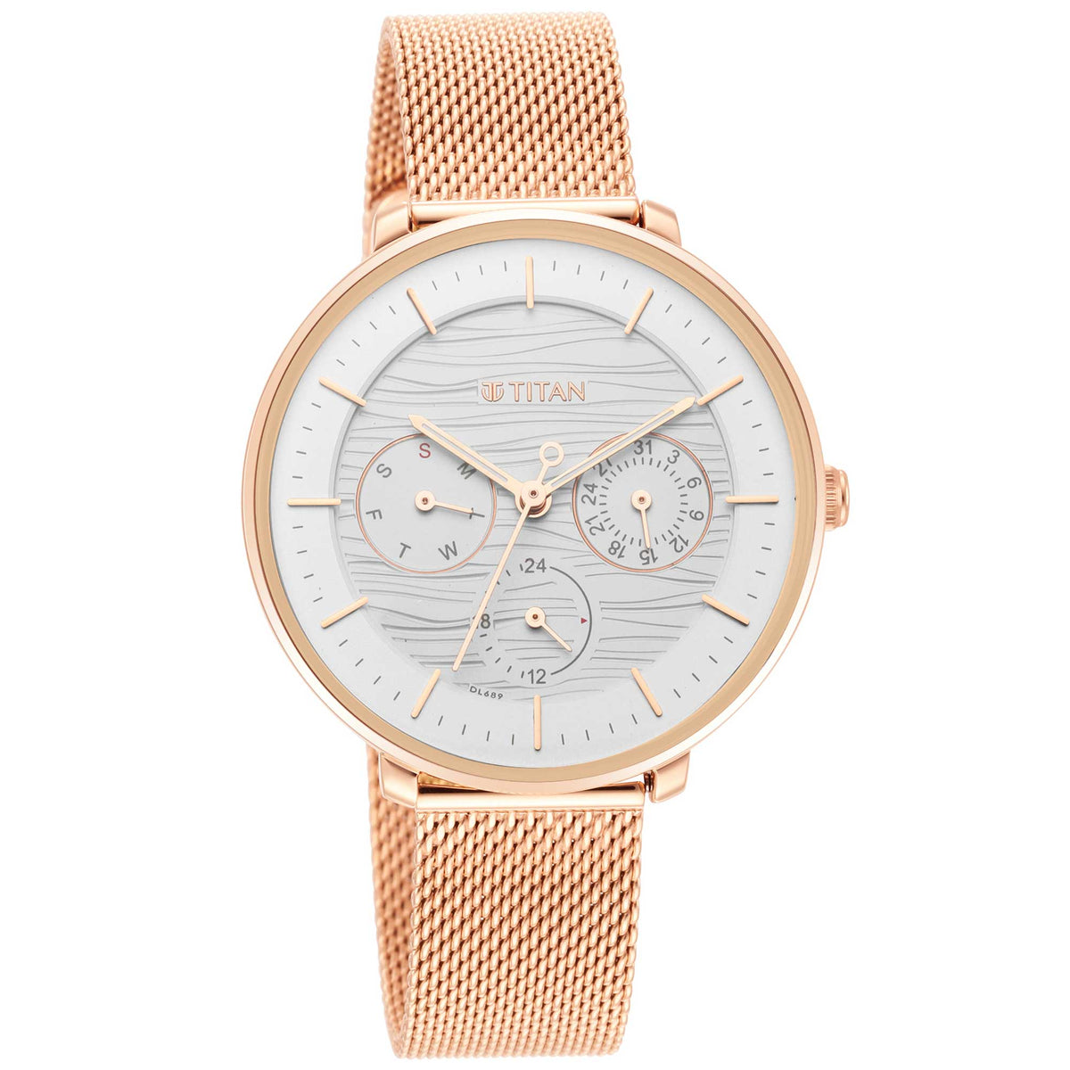 Titan Silver Dial Rose Gold Metal Strap Multifunction Watch for Women