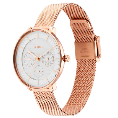 Titan Silver Dial Rose Gold Metal Strap Multifunction Watch for Women