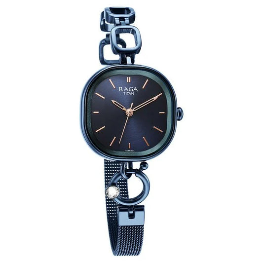 Titan Raga Blue Rectangular Dial Metal Strap Analog Watch for Women