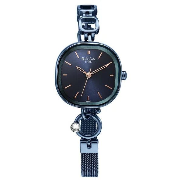 Titan Raga Blue Rectangular Dial Metal Strap Analog Watch for Women